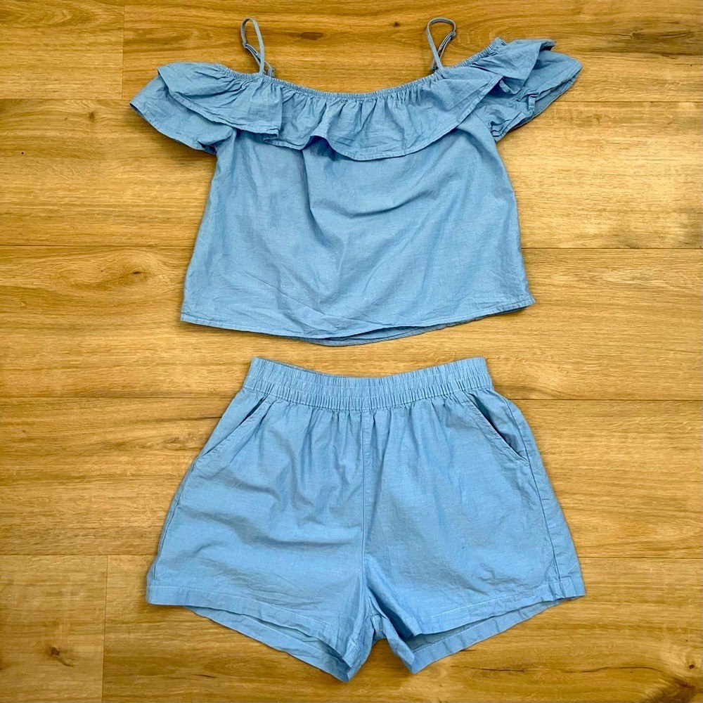 H&M Kids Girls Blue Chambray Off Shoulder Ruffle Top &‎ Shorts Set Size 14